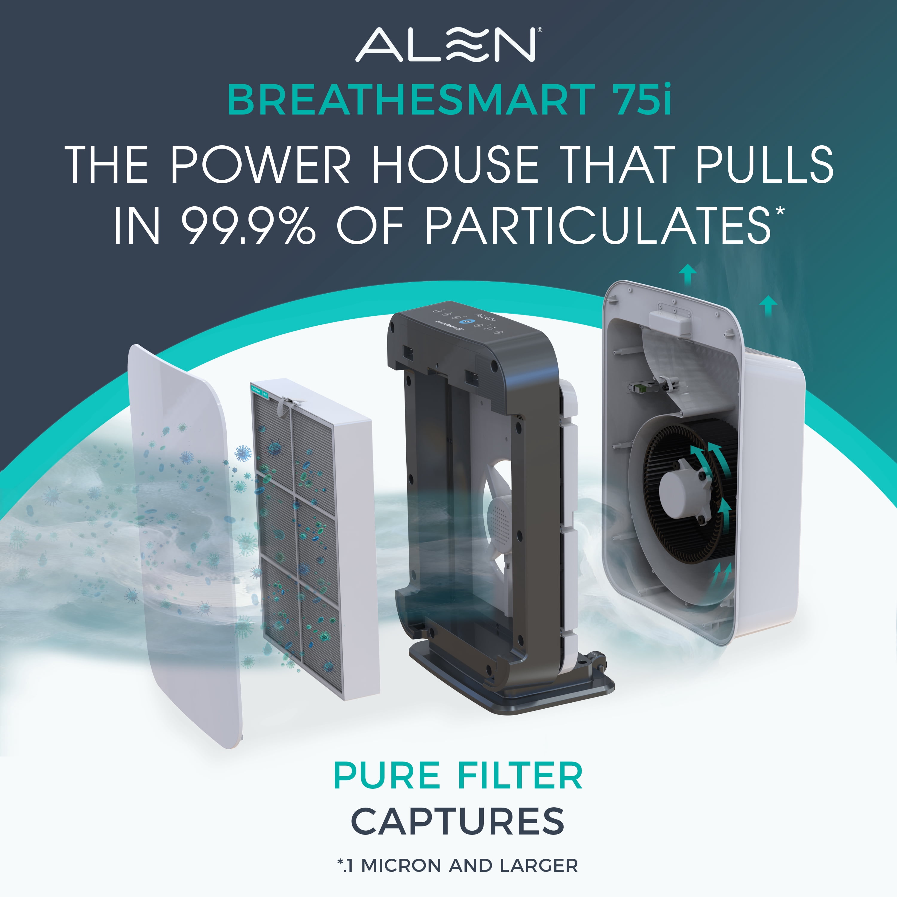 Alen Air Purifier BreatheSmart 75i HEPA w/ Essential (Pure) Filter for Large Rooms up to 2600 Sq. Ft. - Perfect for Living Room & Kitchen - Captures Allergens, Dust, & Mold - Oak