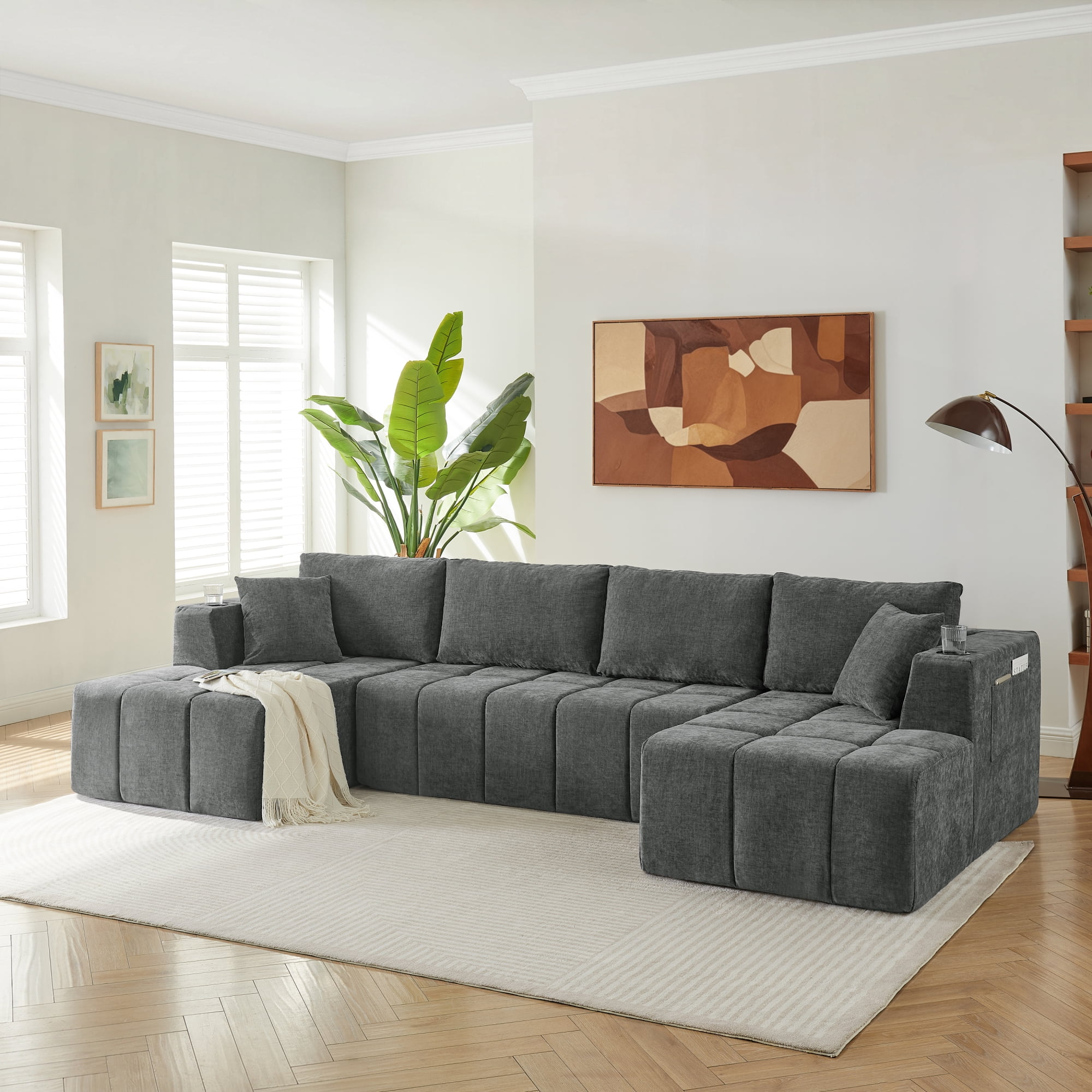 Leumius 132" U Shaped Sectional Sofa,Chenille Boneless Couch, Modern 4-Seat Upholstered Cloud Couch Sectional with Deep Seat and Cup Holders for Living Room,No Assembly Required,Dark Gray