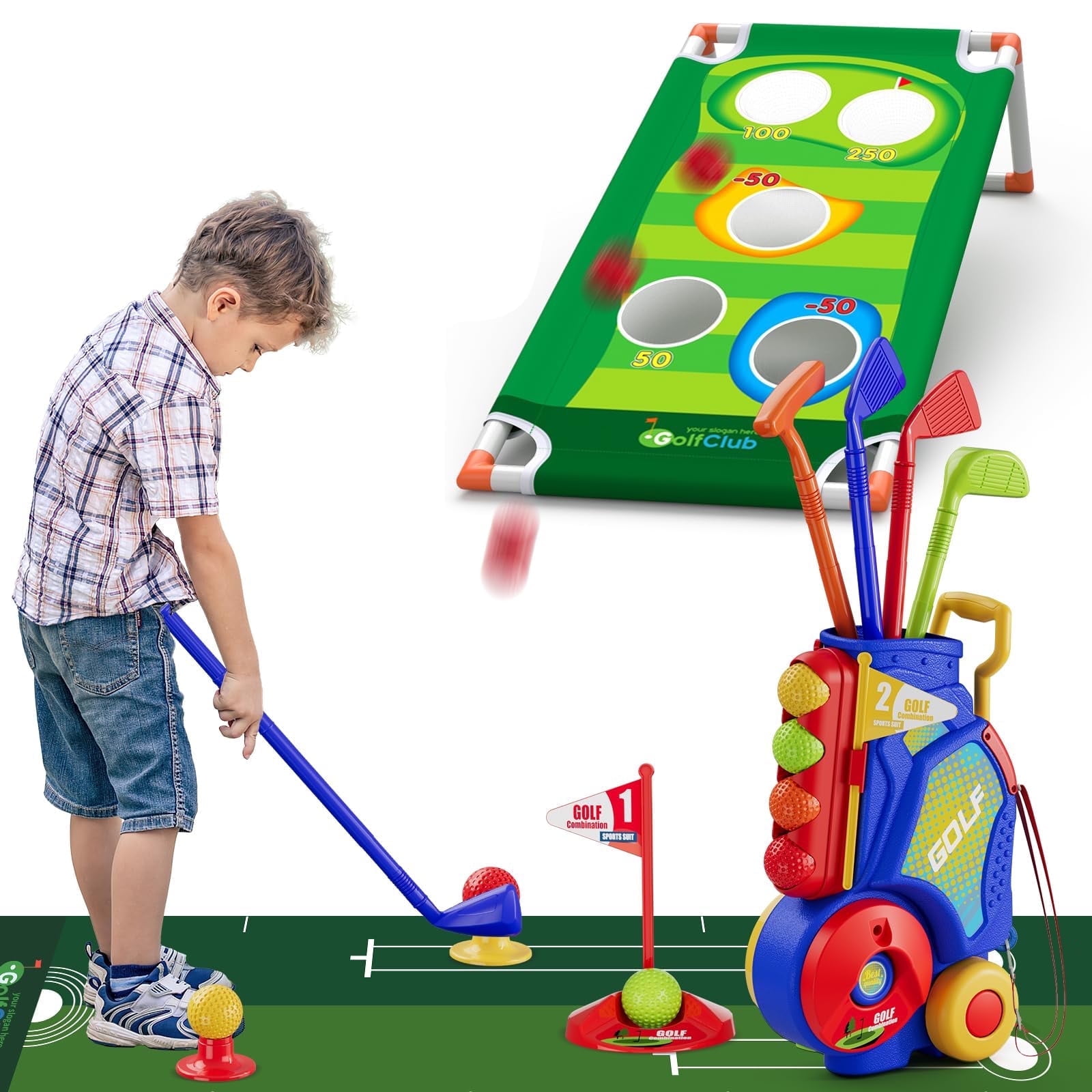 JBeeCtrl 2 in 1 Toddler Golf Set Kids Golf Clubs Set with 8 Balls, Cornhole Board & Putting Mat Kids Golf Toys Set Golf Game Indoor Outdoor Sport Toys Gift for Boys Girls 3 4 5 6+ Years Old, Blue