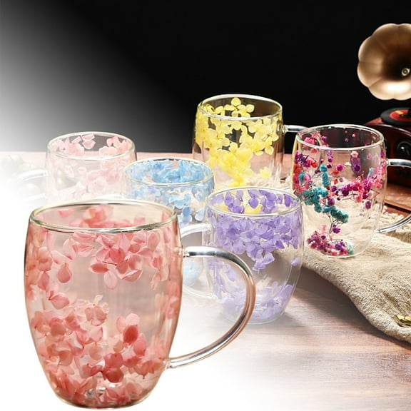 12OZ Aesthetic Double Walled Glass Coffee Mug,Insulated Layer Flowers Coffee Cup with Handle,Demitasse Clear Cups with Flower for Cappuccino Coffee Tea Milk Latte Juice