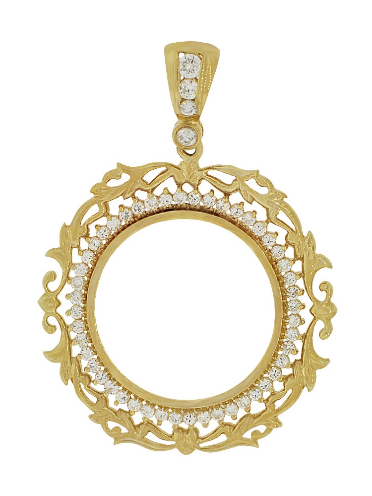 14k Yellow Gold, Fancy Filigree Border Coin Bezel Frame Pendant Charm