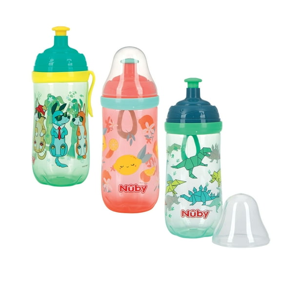 Nuby Gobelet à Deux Étapes avec Bec en Silicone Anti-Déversement et Débit Libre 12 Onces Assorties (Couleurs/designs Peuvent Varier) 6m+ 12 OZ