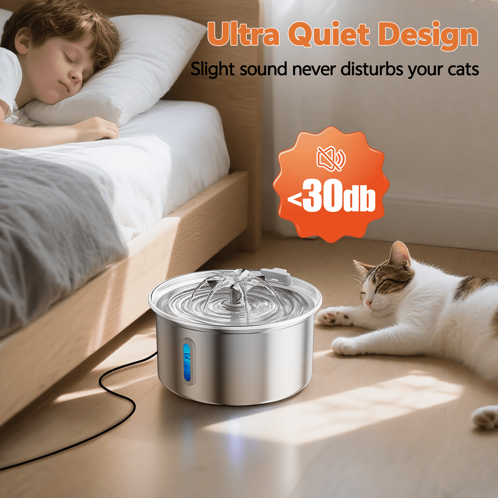Cat Water Fountain Stainless Steel, YUWENUS 108oz/3.2L Pet Fountain with Water Level Window Automatic Water Dispenser with 4 Replacement Filters for Cats, Dogs