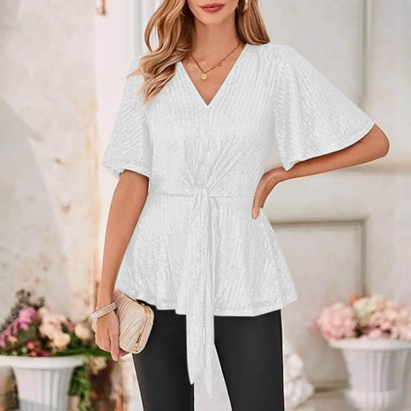 Elvqul Womens Tops Short Bell Sleeve Pullover Blouses Solid White Peplum V Neck Plus Size Shirts for Women
