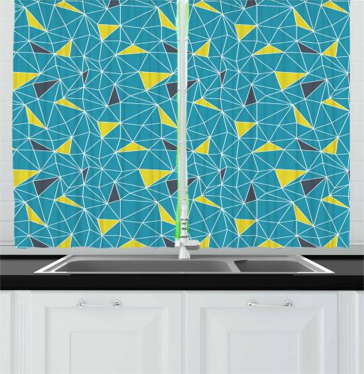 Yellow And Blue Curtains 2 Panels Set Low Poly Triangular Shapes