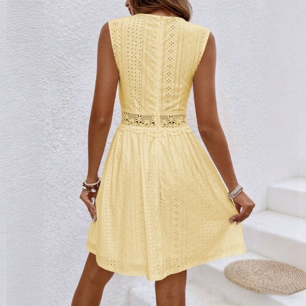 RoamHome Women's Sleeveless Lace V-Neck A-Line Dress Fitted Waist Knee-Length Summer Dress
