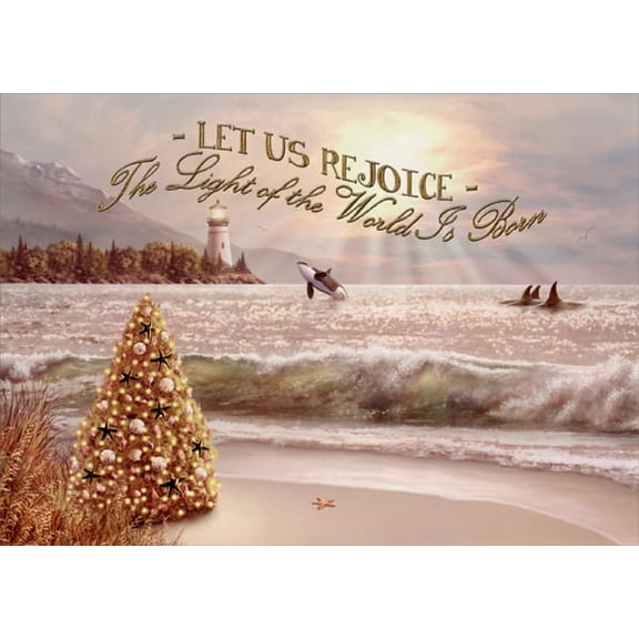 LPG Greetings Beach Tree, Waves, Whales and Lighthouse : Bring on the Day : Alan Giana Gold Foil Embossed Religious Christmas Card (1 card/1 envelope)