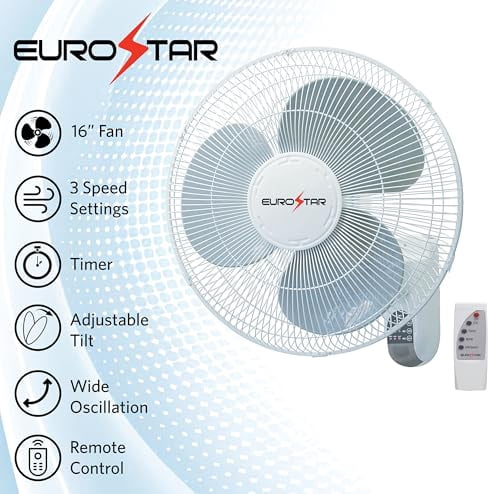 EUROSTAR FWF166W 16" Wall Fan with Remote, White