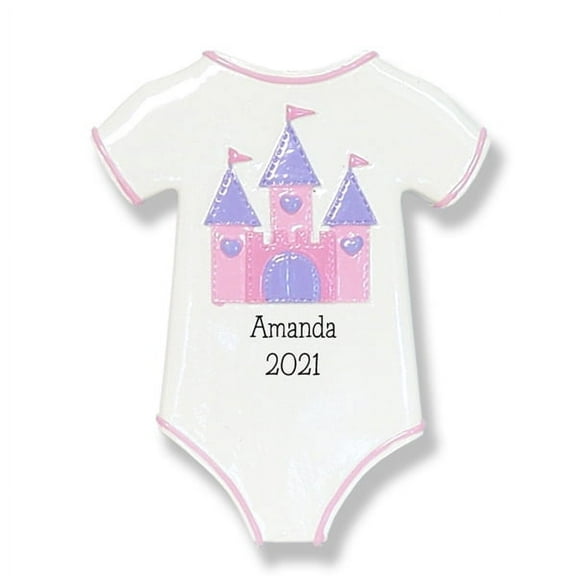 Baby's First Christmas Ornament, Onesie with Castle Baby ornament for GIRL