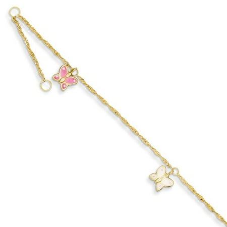 14k Yellow Gold 10in Adjustable Enameled Butterfly Anklet