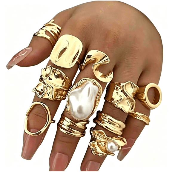 DESIGNICE 12 Pcs Chunky Gold Rings for Women Non Tarnish Statement Flower Ring, 14K Gold Plated Stackable Open Stacking Rings, Big Knuckle Trendy Ring Set Jewelry Gift