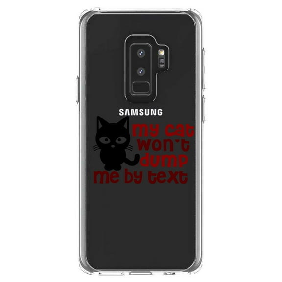 DistinctInk Clear Shockproof Hybrid Case for Samsung Galaxy S9  PLUS (6.2" Screen) - TPU Bumper Acrylic Back Tempered Glass Screen Protector - My Cat Won't Dump Me By Text