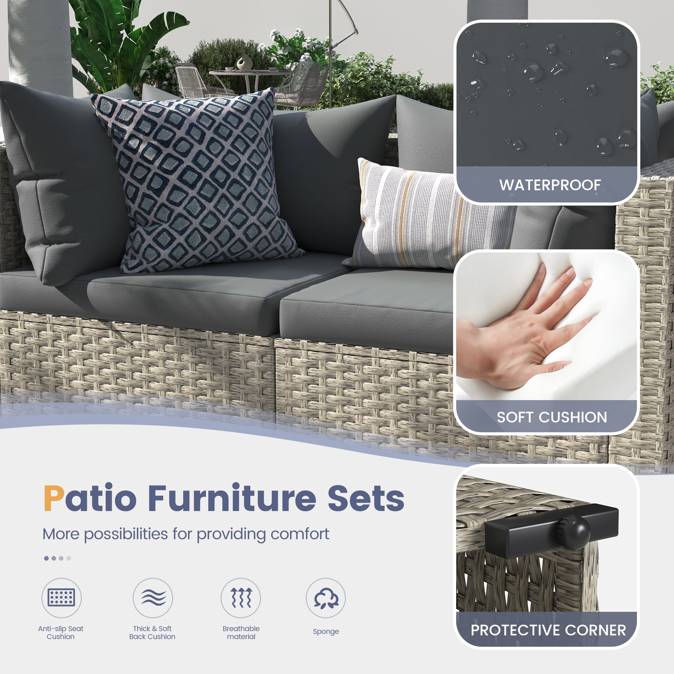 UDPATIO 7-Piece Outdoor Wicker Patio Furniture Set with Cushions for Backyard, Porch, Garden, Gray