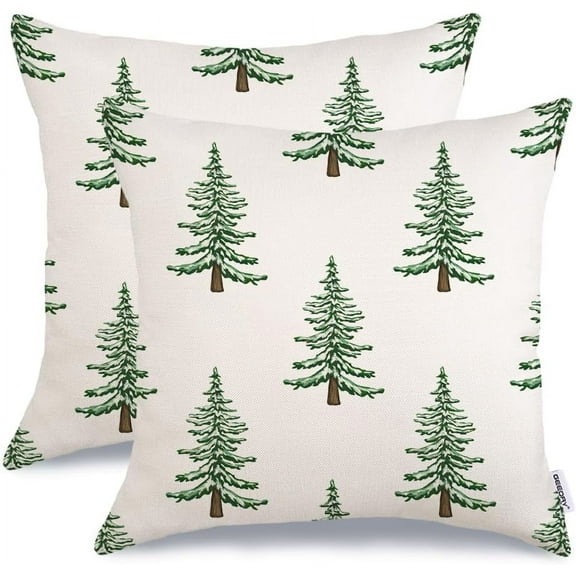 Christmas Pillow Covers 18x18 Inch Set of 2, Xmas Trees White Farmhouse Decorative Throw Pillowcases for Home Sofa Couch Cushion Decoration (Green Trees) GW03-18
