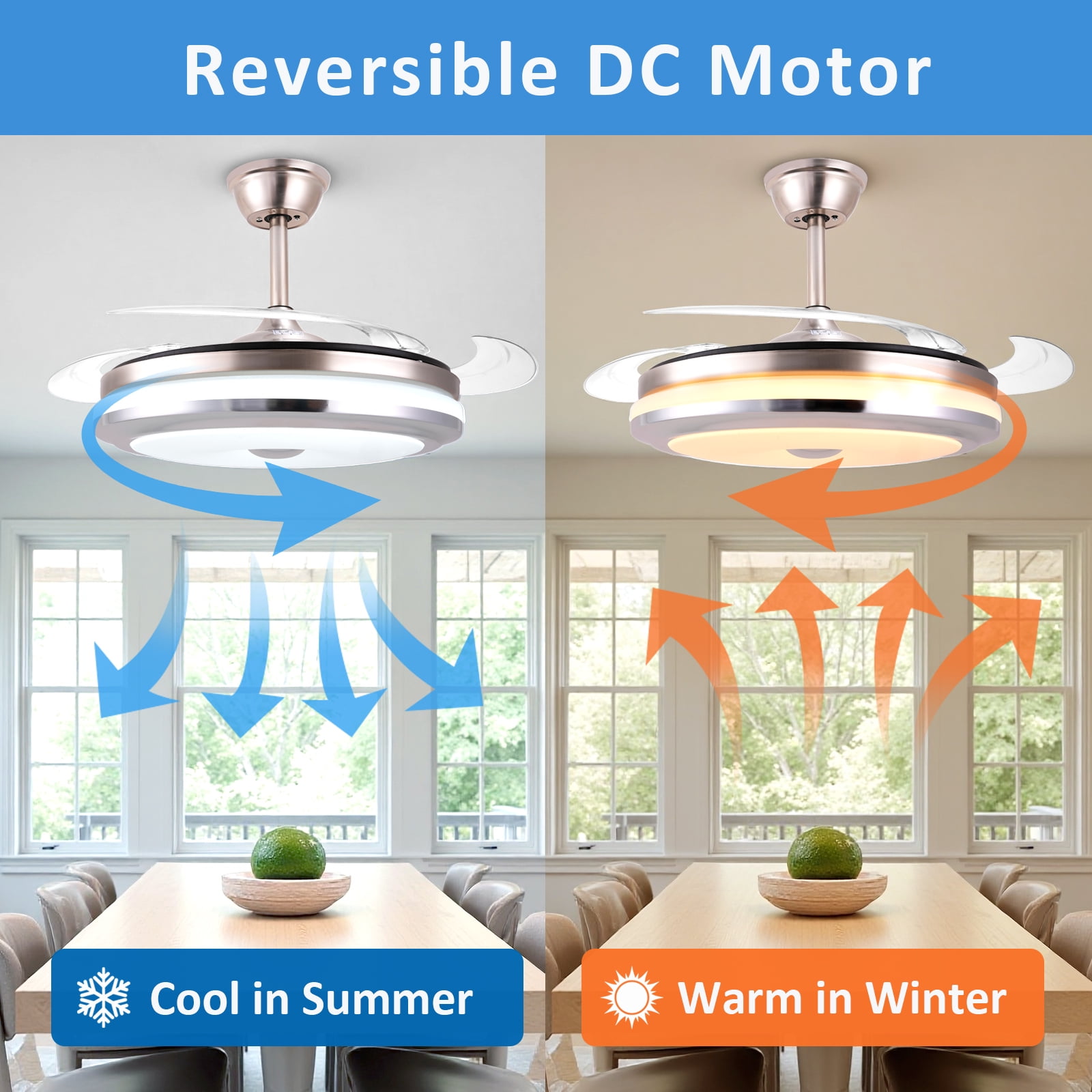 Smart Retractable Ceiling Fan with Light, 42 Inch Fandelier Remote Control, 3 Color Temperature Dimmable LED, 6 Speed Quiet Reversible DC Motor for Bedroom Living Room Kitchen