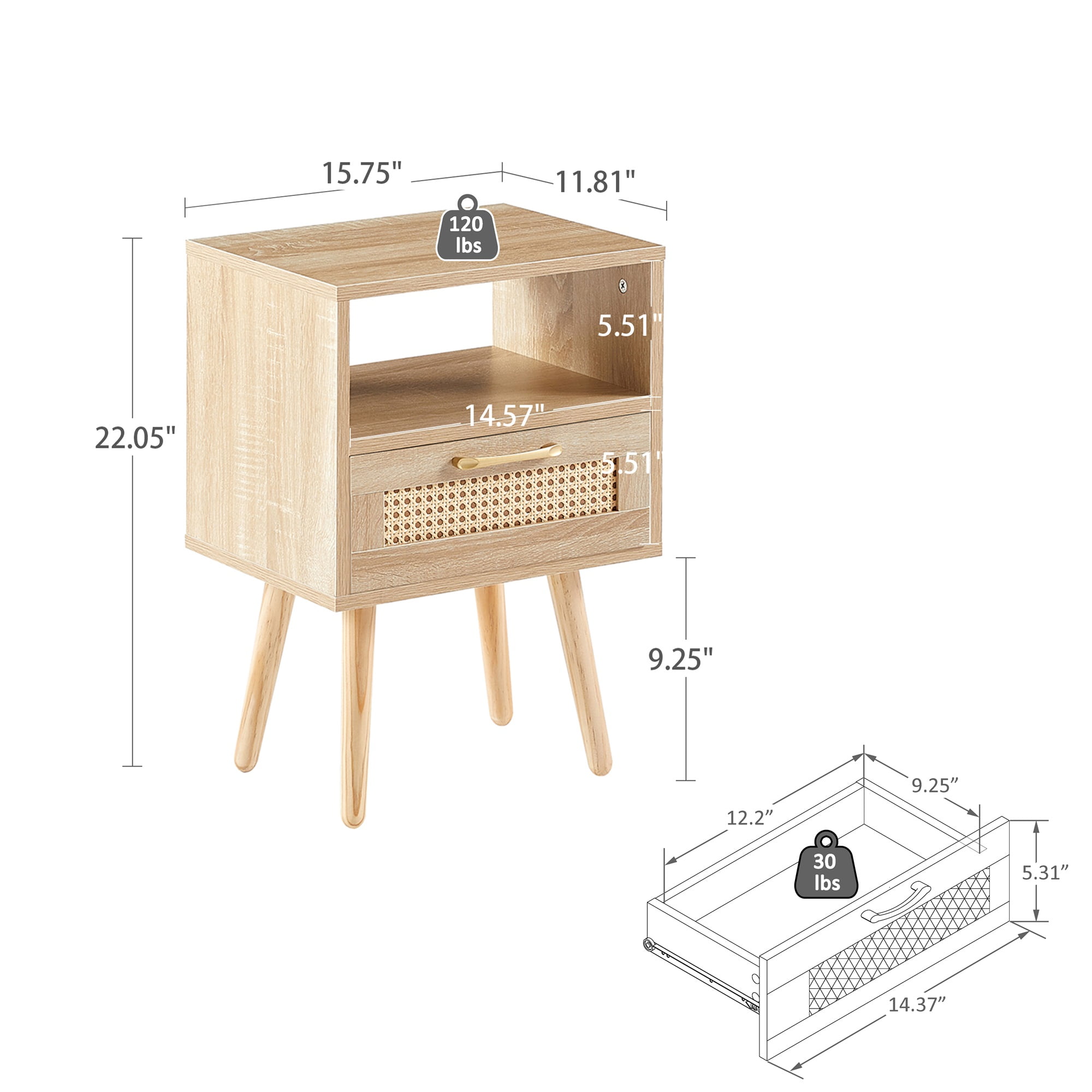 Kepooman Rattan Nightstand, 15.75" Bedside Table with Drawer and Solid Wood Legs, Wood End Table for Bedroom, Natural Kepooman Rattan Nightstand, 15.75" Bedside Table with Drawer and Solid Wood Legs, Wood End Table for Bedroom, Natural