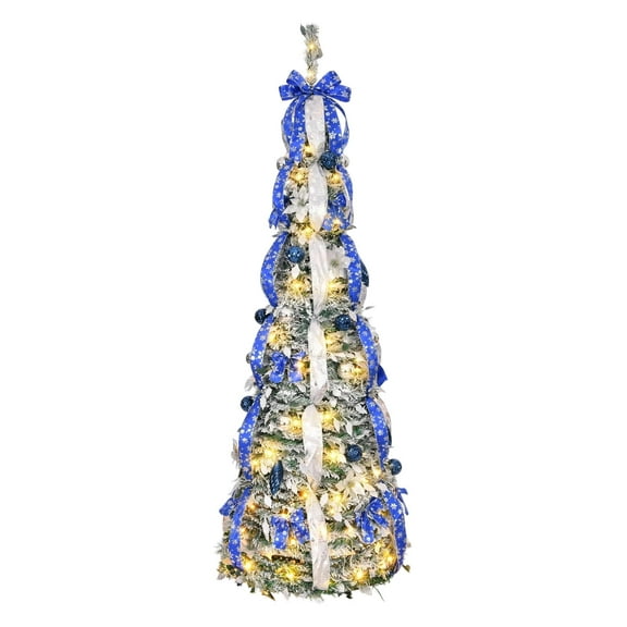 5.9 Ft Prelit Full up Christmas Tree with Warm Lights, Ornaments, Red&Gold Ribbon, Flowers, Bows, Battery Powered, Collapsible Outdoor Indoor Holiday Party Decor