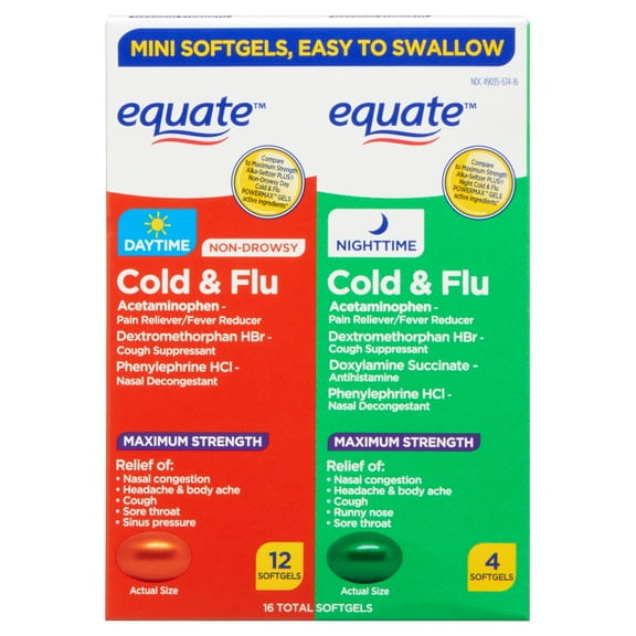 Equate Maximum Strength Day and Night Cold and Flu Relief Mini Softgels, 325mg, 16 Count