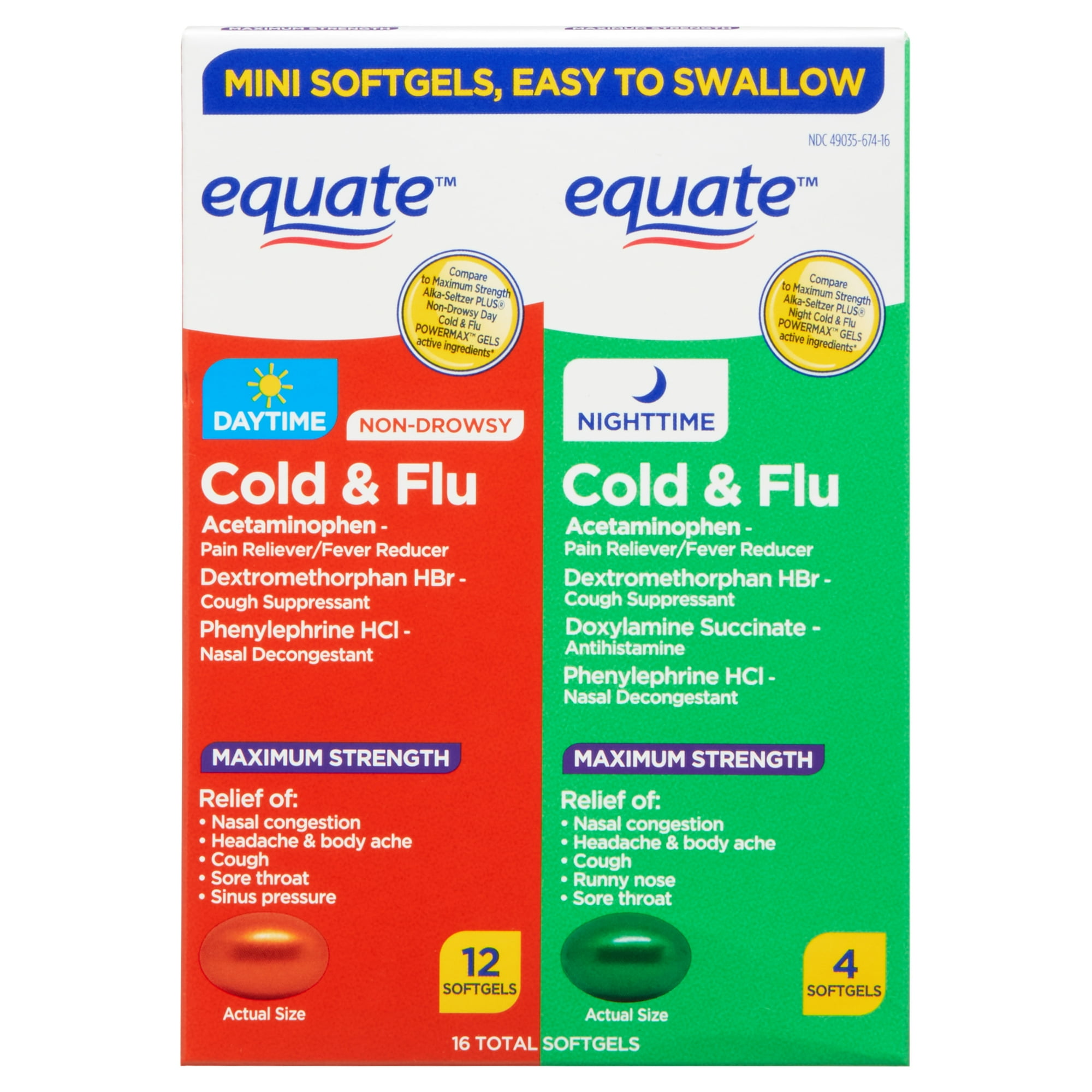Equate Maximum Strength Day and Night Cold and Flu Relief Mini Softgels, 325mg, 16 Count