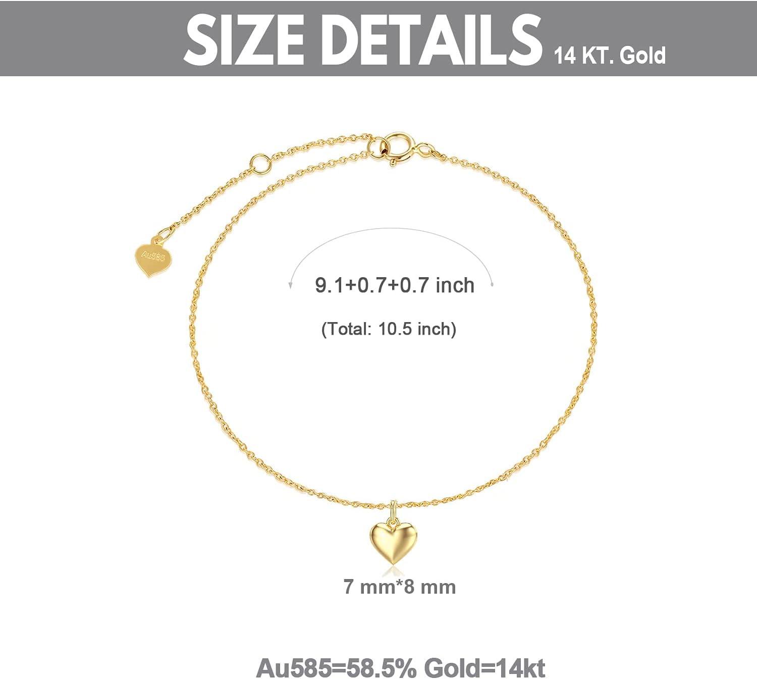 AOBOCO Real 14k Gold Puff Heart Anklet for Women, Love Ankle Bracelet Foot Jewelry Gifts for Her, 9+1+1 Inch
