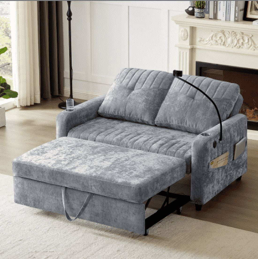 Euroco 53.9" Modern Loveseat Pull-out Sofa Bed with Adjustable Backrest, Two Cup Holders , a Phone Holder, Three Charging Ports and Side Storage Pockets for Living Room