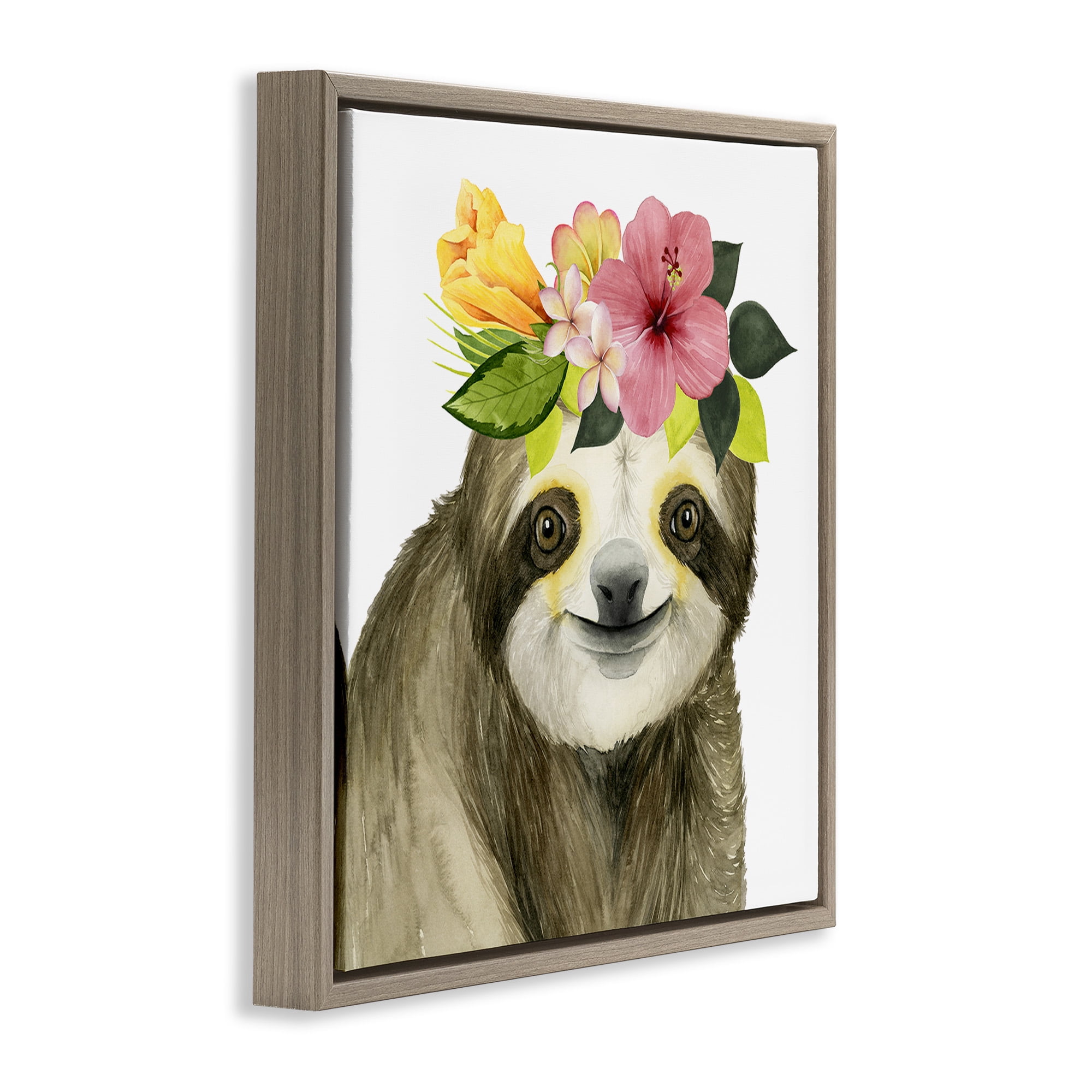 Stupell Industries Smiling Sloth in Flower Crown Animals & Insects Painting Brown Floater Framed Canvas Art Print Wall Art, 18 x 18