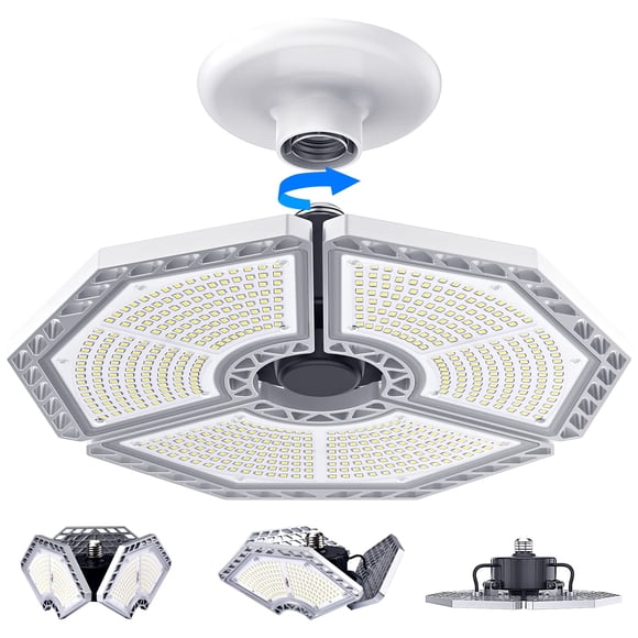 KERNOWO LED Garage Lights, 140W 18500 Lumens Garage Lighting, 6000K Daylight with Deformable Three Panel Ceiling Light Fixture E26/E27 Triple Glow LE