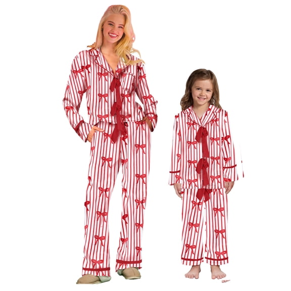 Mommy and Me Matching Pajamas Bow/Heart Print Tie Front Long Sleeve Tops Pants Holiday Sleepwear