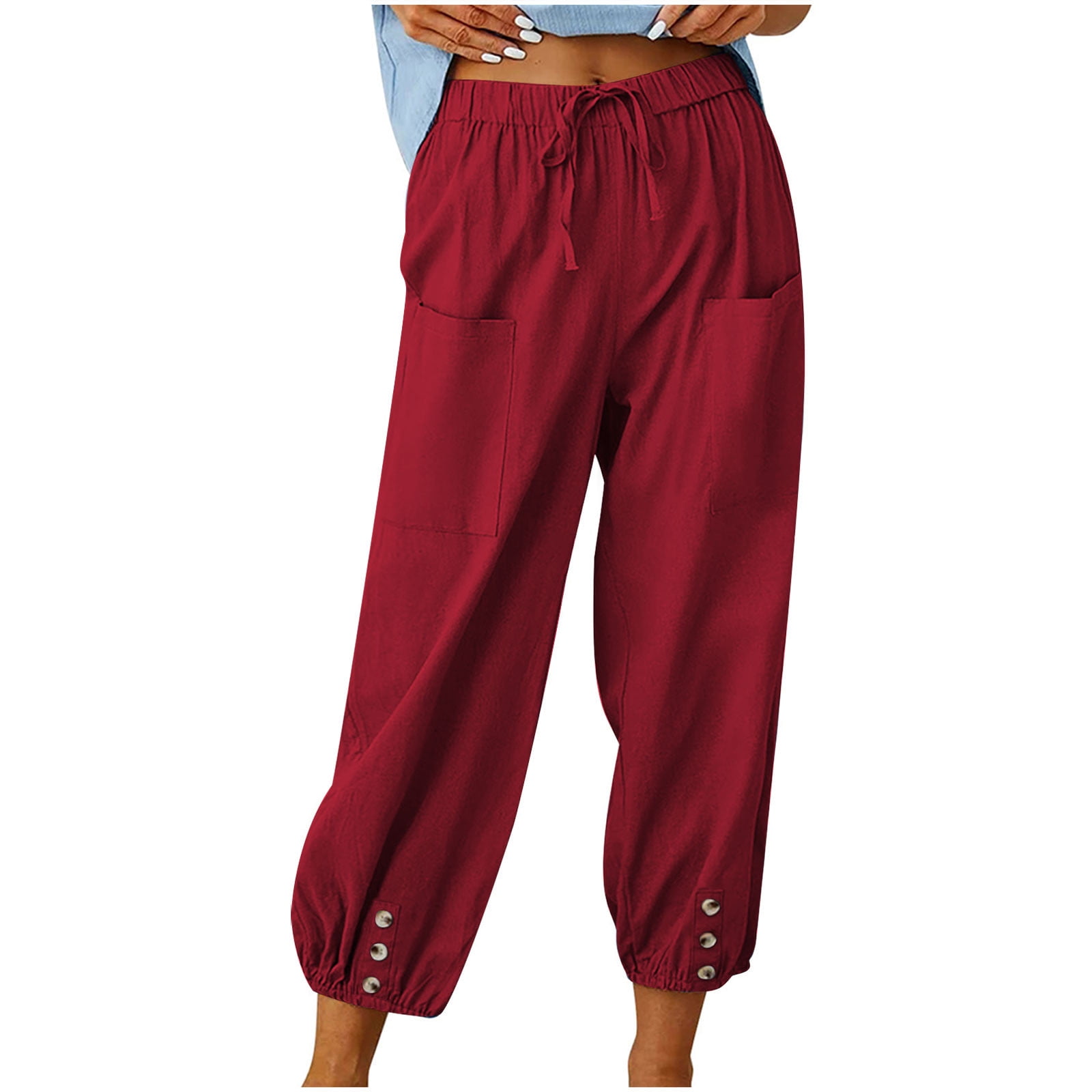 Timegard Womens Cotton Linen Pants Elastic Waisted Drawstring Cinch Bottom Button Casual Loose Pants