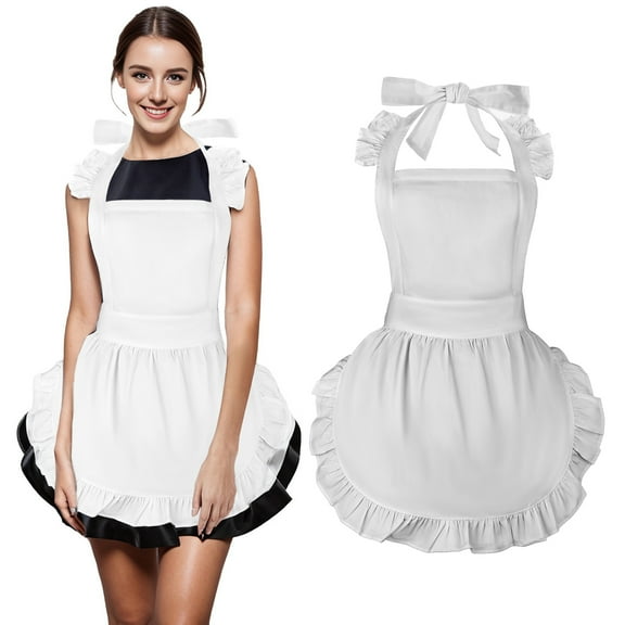 Aspire Kitchen Apron for Women, Christmas Cosplay Maid Ruffled Apron White, Waitress Working Apron, White