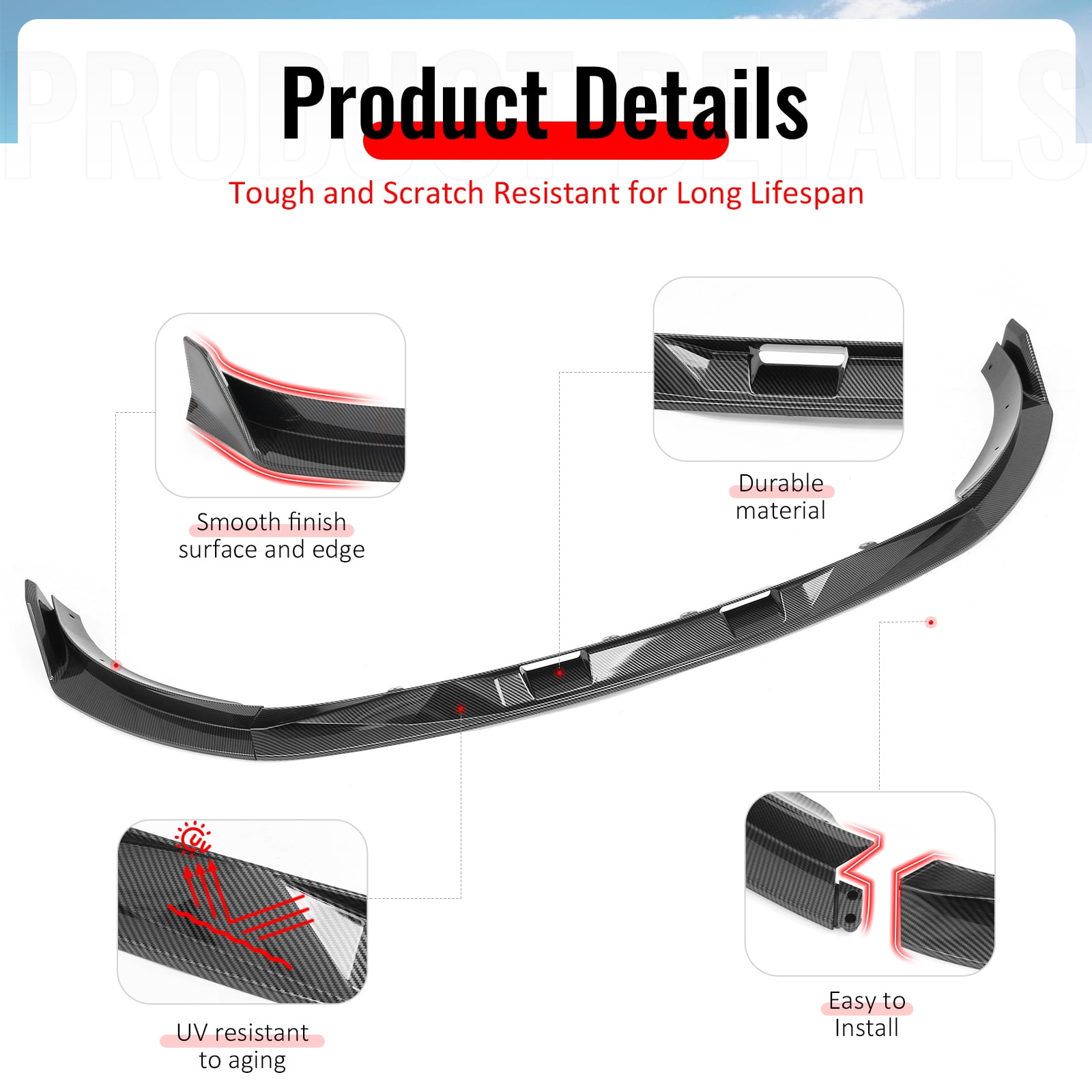 Ikon Motorsports Front Bumper Lip, Compatible with 2025-2026 Tesla Model Y (New Model Y, Code Juniper), IKON V2 Style Carbon Fiber Print ABS Air Dam Chin Spoiler Protector Splitter 3PC