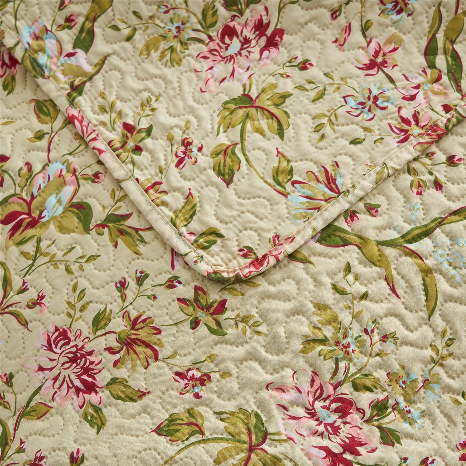 JML Quilt Set 3-Piece Queen Size, Soft Reversible 1 Quilt & 2 Shams Bedspread Coverlet Set,Beige Floral