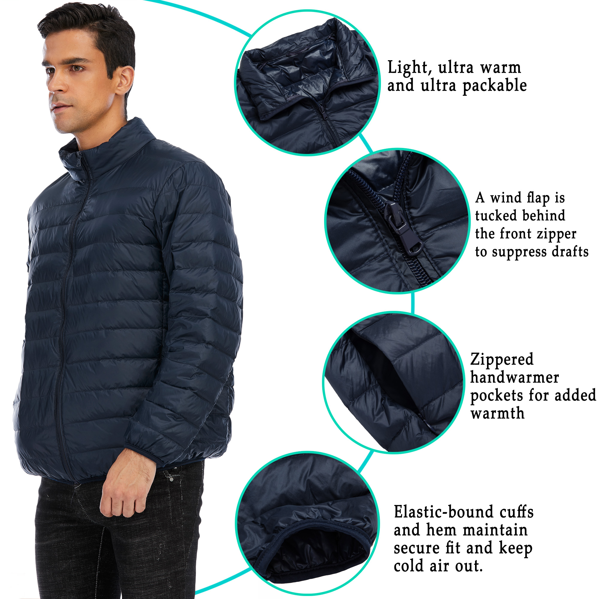 Men's Packable Down Jacket Winter Warm Jacket lightweight Zipper Jacket Puffer Bubble Coat Black Blue - image 3 of 7