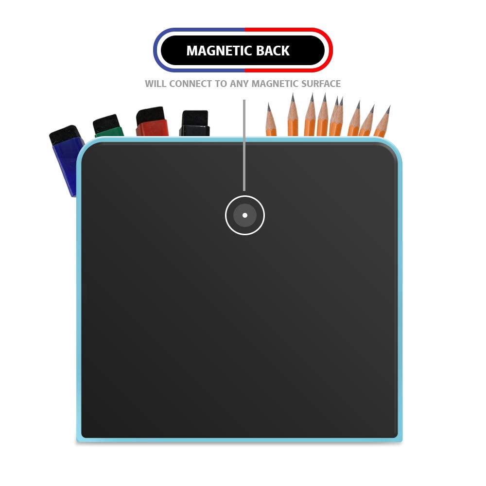 Magnetic Marker Holder, Strong Durable Plastic With Magnetic Back. Includes 4 Colored Markers With Eraser On Cover. (Blue)