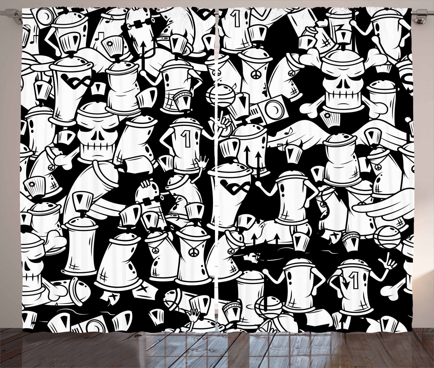 Urban Graffiti Curtains 2 Panels Set, Anthropomorphised Graffiti Spray Can Sport Characters and