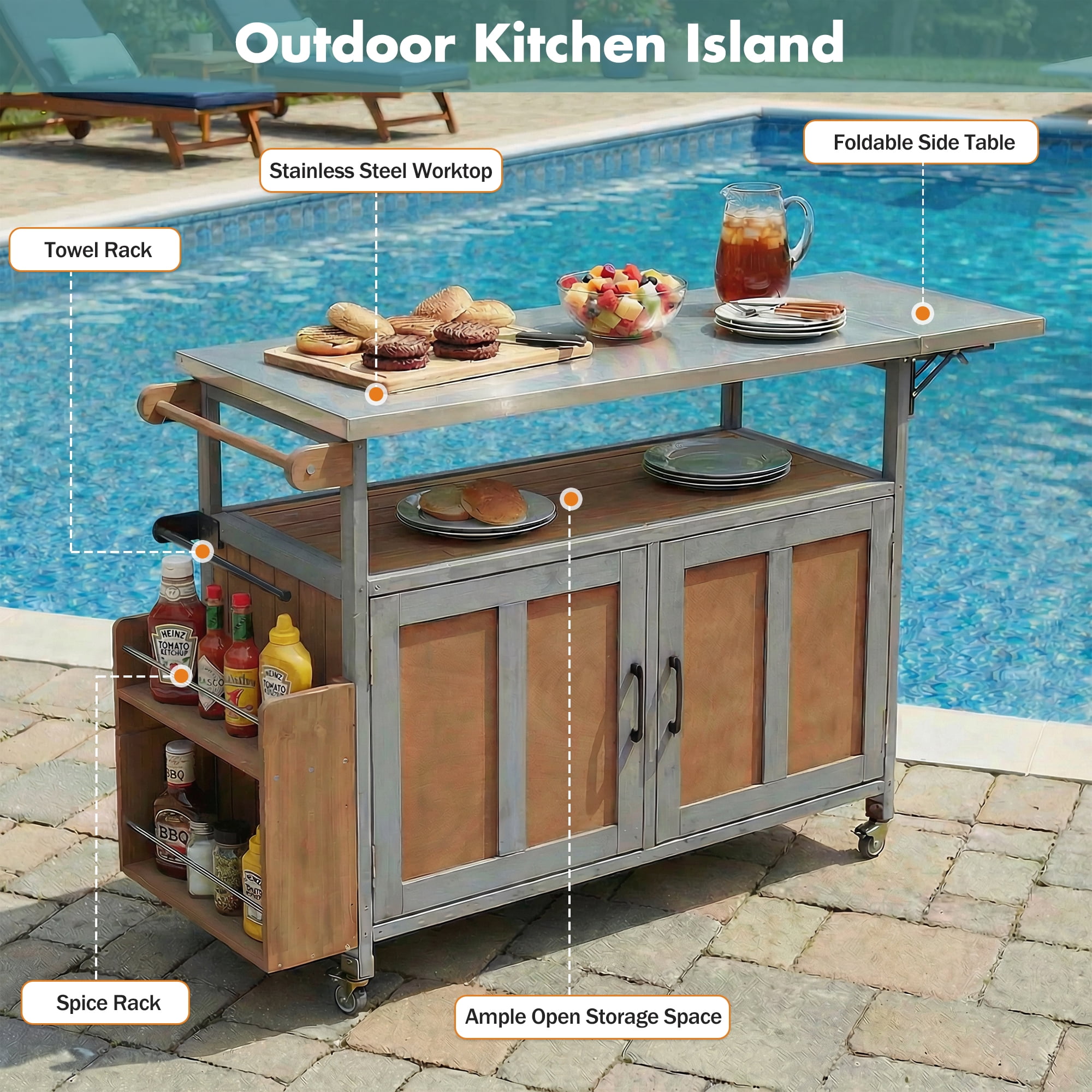 Mobile Cooking Island, Foldable Outdoor Patio Kitchen Cart, Espresso and Grey