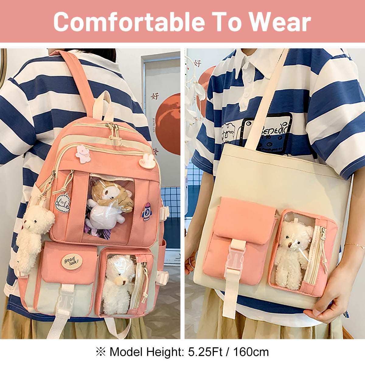Sanmadrola 5PCS School Backpacks Cute Plush Bear Backpack Set with Pendants and Pins Accessories Kawaii Laptop Bag School Bags, Pink