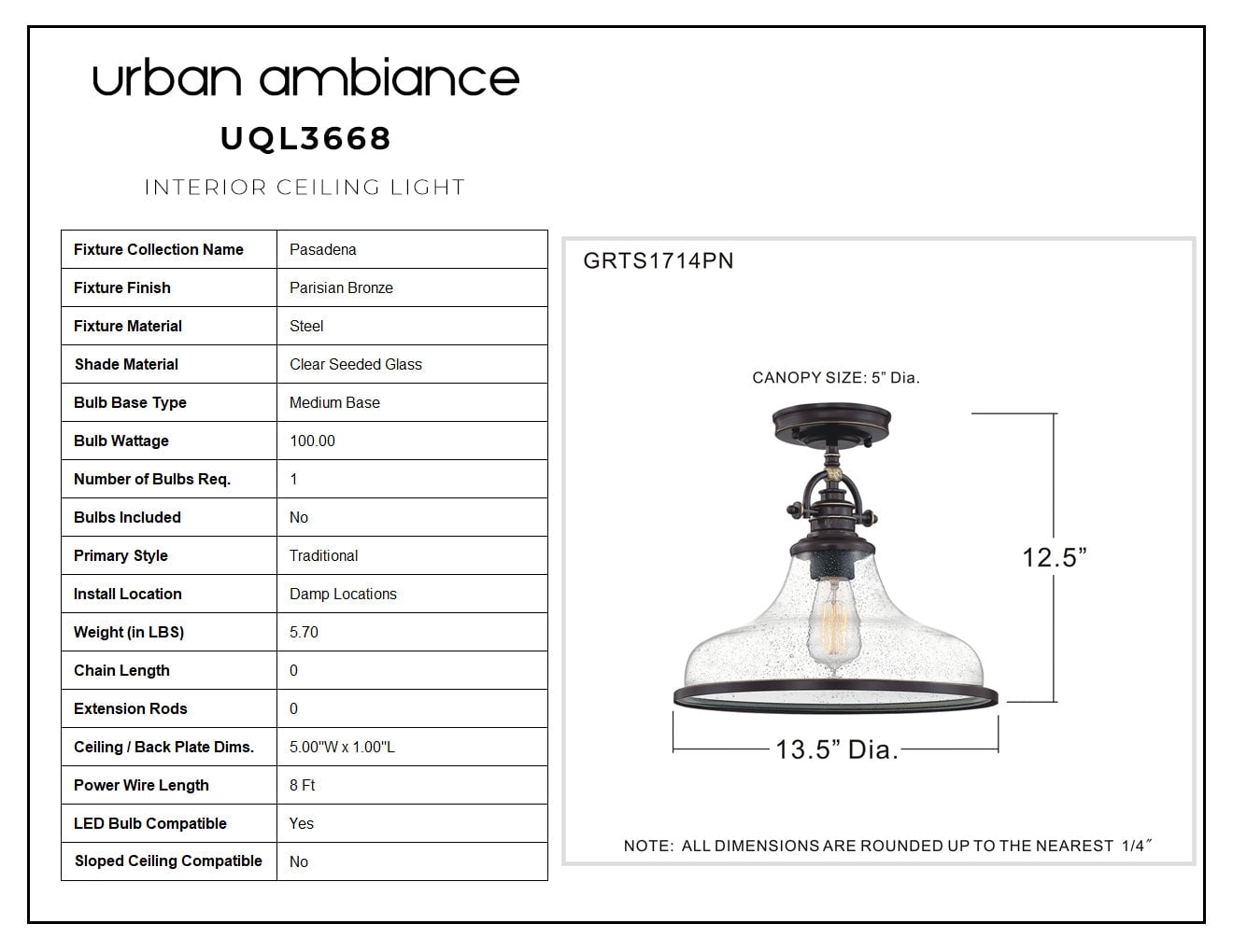 Luxury Traditional Indoor Ceiling Light, 12.50''H x 13.50''W, with Classic Style Elements, Vintage Design, Parisian Bronze Finish and Clear Seeded Glass, UQL3668