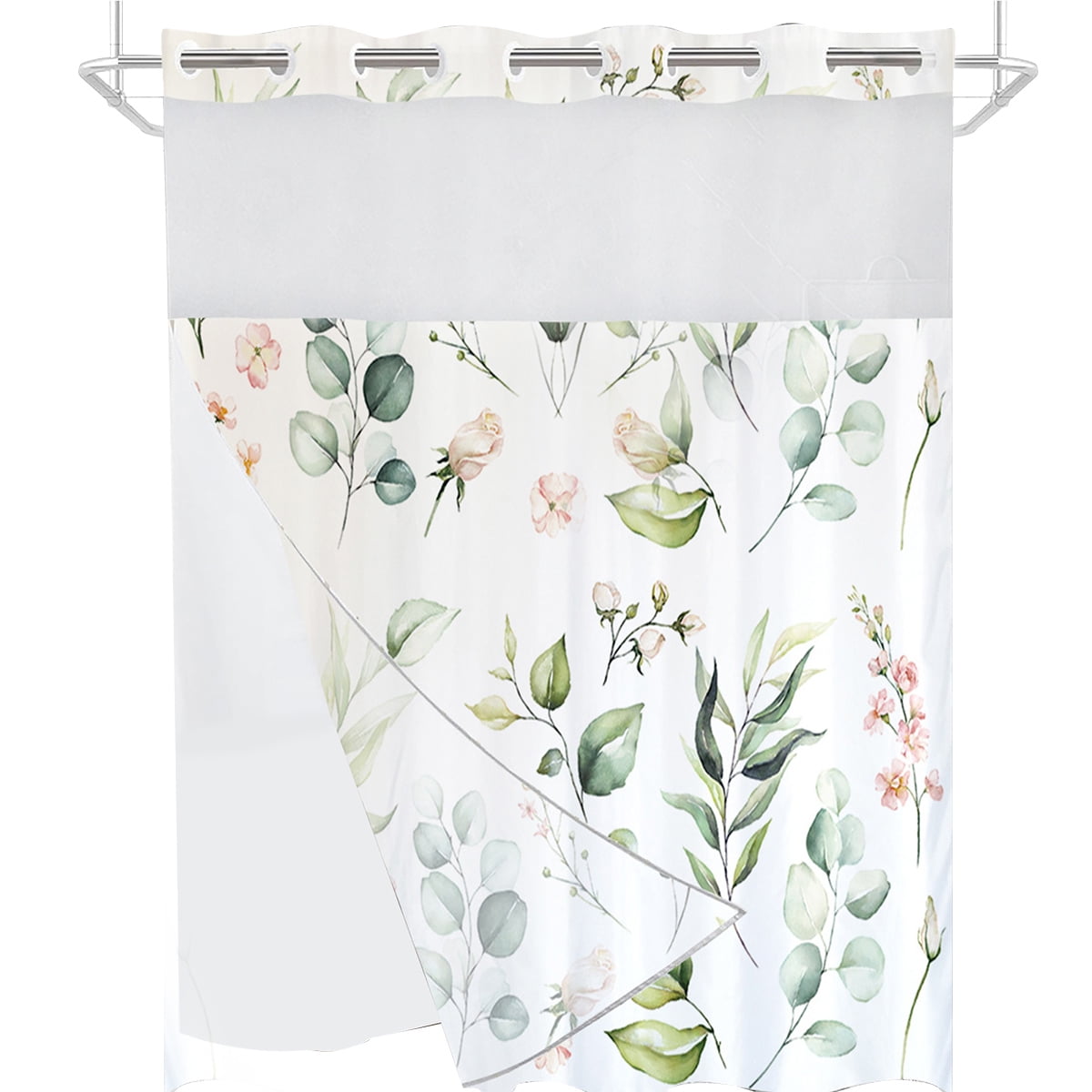 Dznils White No Hook Fabric Shower Curtain with Snap-in Liner, 72" x 74", Green Floral Patterned