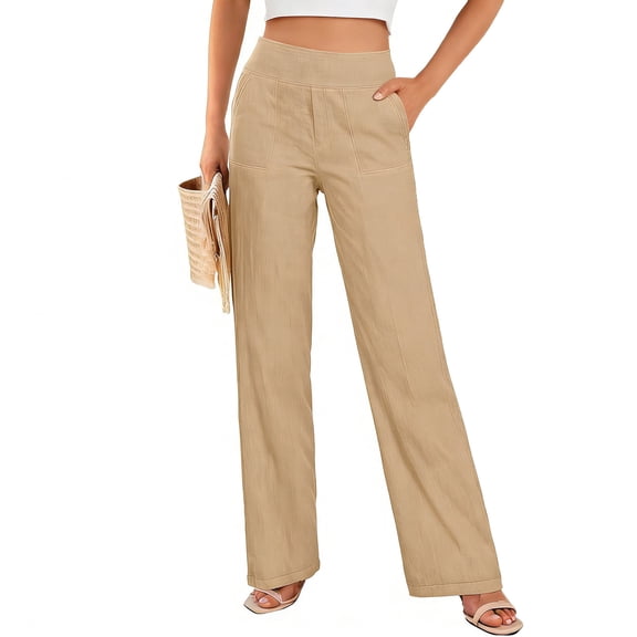 Ounisa Womens Cotton Linen Pants Petite 2026 Summer Lightweight High Waist Straight Leg Solid Beach Lounge Trousers