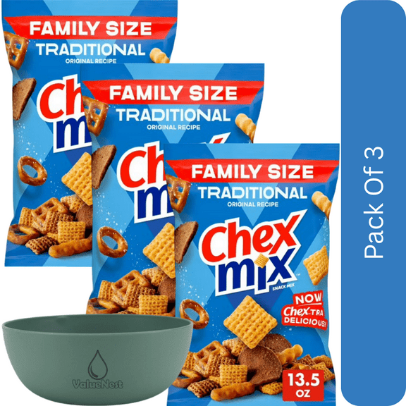 Chex Mix Traditional Original Recipe Snack Mix, Family Size, 13.5 oz-3pk, With Olive Green Bowl By ValueNest