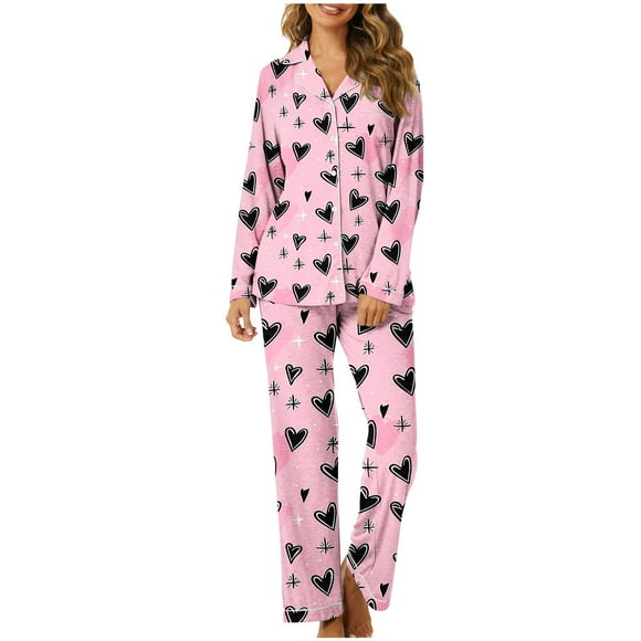 yoeyez Pajamas for Women 2 Piece Love Heart Printed Pajamas Sets Ladies Loungewear Button-Down Long Sleeve and Pant Pj Sets Soft Sleepwear Multicolor L