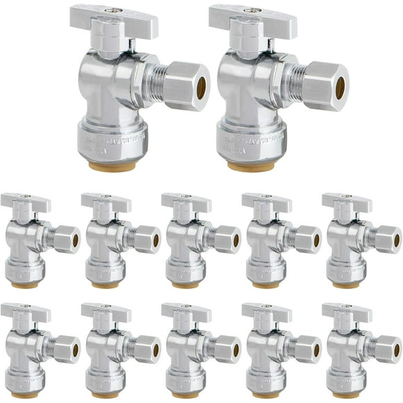 Qucyy 12-Pack 1/2" x 3/8" ODression Angle Stop Valve, Sink Shut Off Valve for PEX, Copper, CPVC Pipe and Water Line, Quarter-Turn Push to Connect Brass Plumbing Fitting