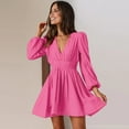 thumbnail image 4 of Baywell Womens 2023 Summer Deep V Neck Elegant Mini Short Swing Skater Dresses Elastic Waist Puff Long Sleeve Swing Flowy Mini Beach Dress Rose Red S-XL, 4 of 10