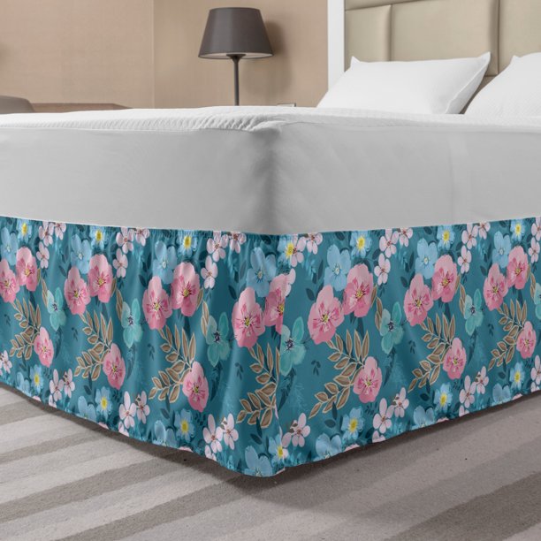 Floral Bed Skirt, Flourishing Flowers with Leaves Watercolor, Elastic Bedskirt Dust Ruffle Wrap