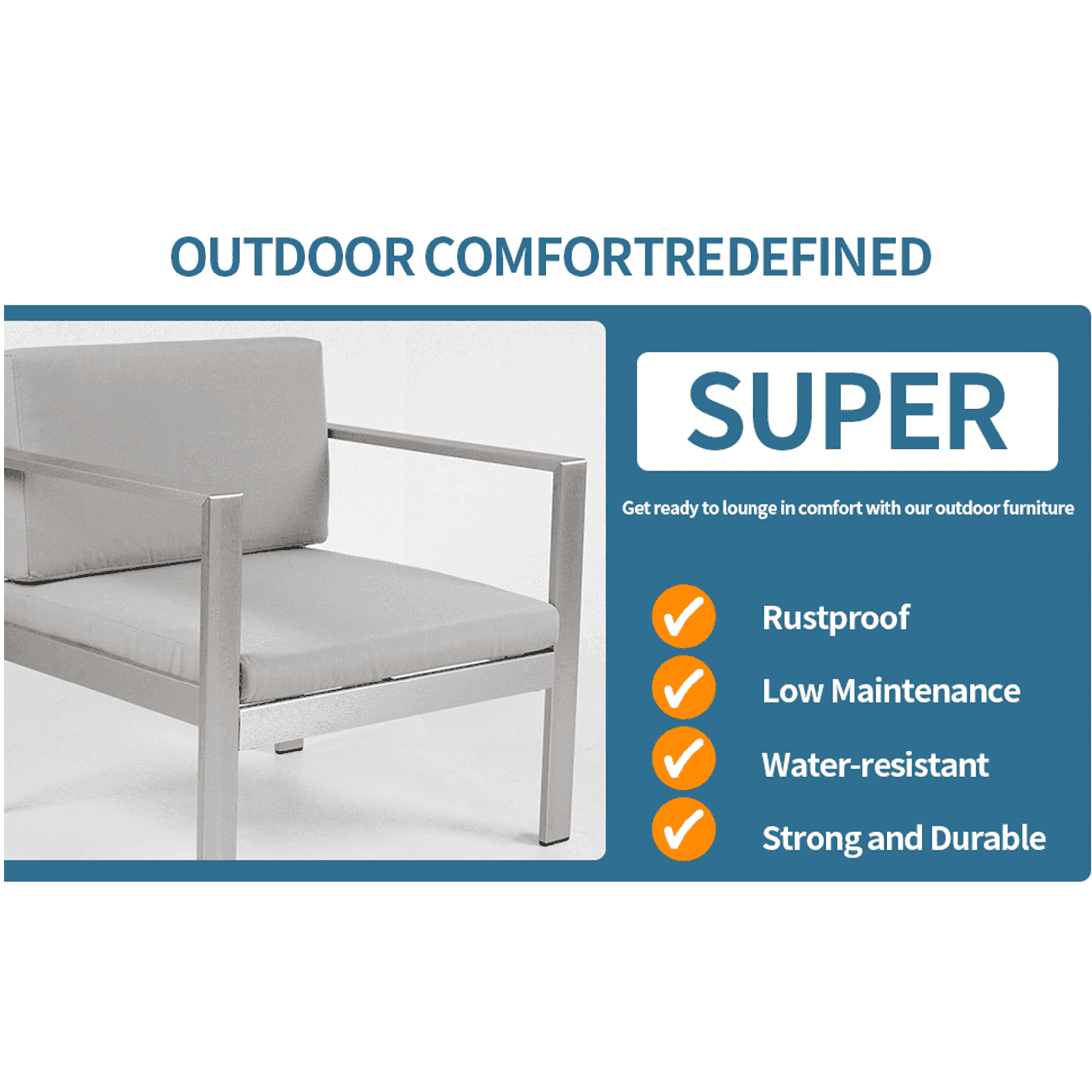 PORKISS Outdoor Patio Furniture Set, Modern 4 Piece Conversation Set with Table and Seats, Aluminum Sectional Sofa Sate Group for Garden, Gray/Silver