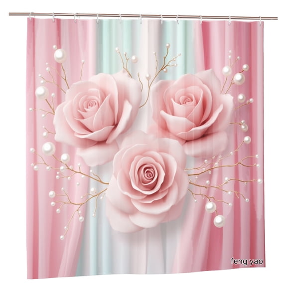 Amarainy Polyester Shower Curtain Pink Roses And Pearls Design For Home Bathroom Bath Tub Decoration 72x72 inch
