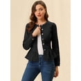 thumbnail image 3 of Chaqueta de mezclilla con cuello redondo y botones de manga larga con volante recortado y peplum para mujer Negros S, 3 of 6