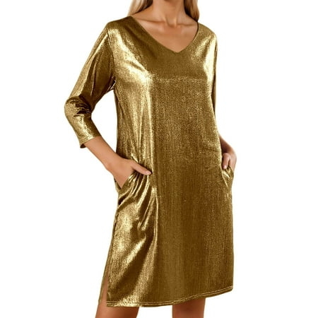 DGMIOCS Women’s Floral V-Neck Casual Dress for Everyday Wear Suitable for Spring Summer and Fall Soft Comfortable Loose Fit Gold M