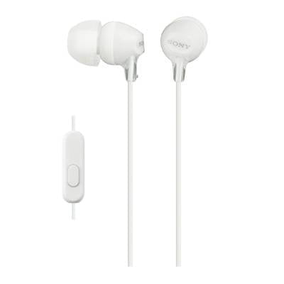 audífonos in ear sony mdr-ex14ap/w blanco — audífonos intrauditivos blancos con cable y control remoto con micrófono; puntas de silicón para ajuste seguro, diafragmas de neodimio de 9 mm (8 Hz-22 kHz) y cable delgado en vista frontal sobre fondo neutro; a menudo usados para deporte y movilidad.